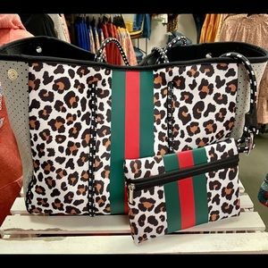 Neoprene leopard print tote with removable wristlet pouch